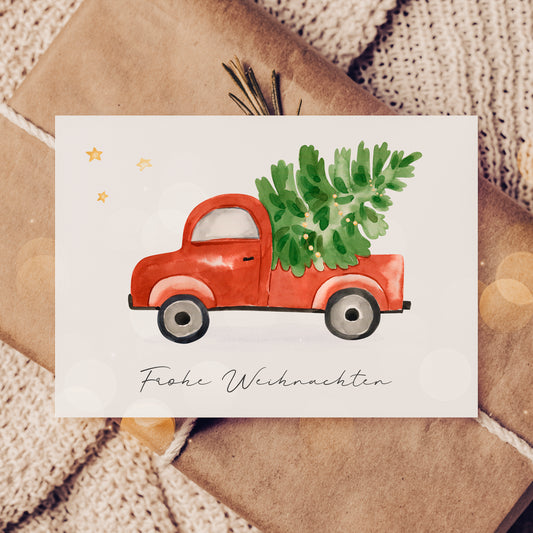 Weihnachtskarte Frohe Weihnachten - Auto & Weihnachtsbaum