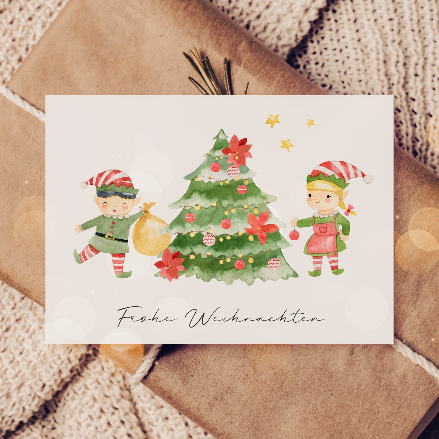Weihnachtskarte Frohe Weihnachten - Elfen & Weihnachtsbaum