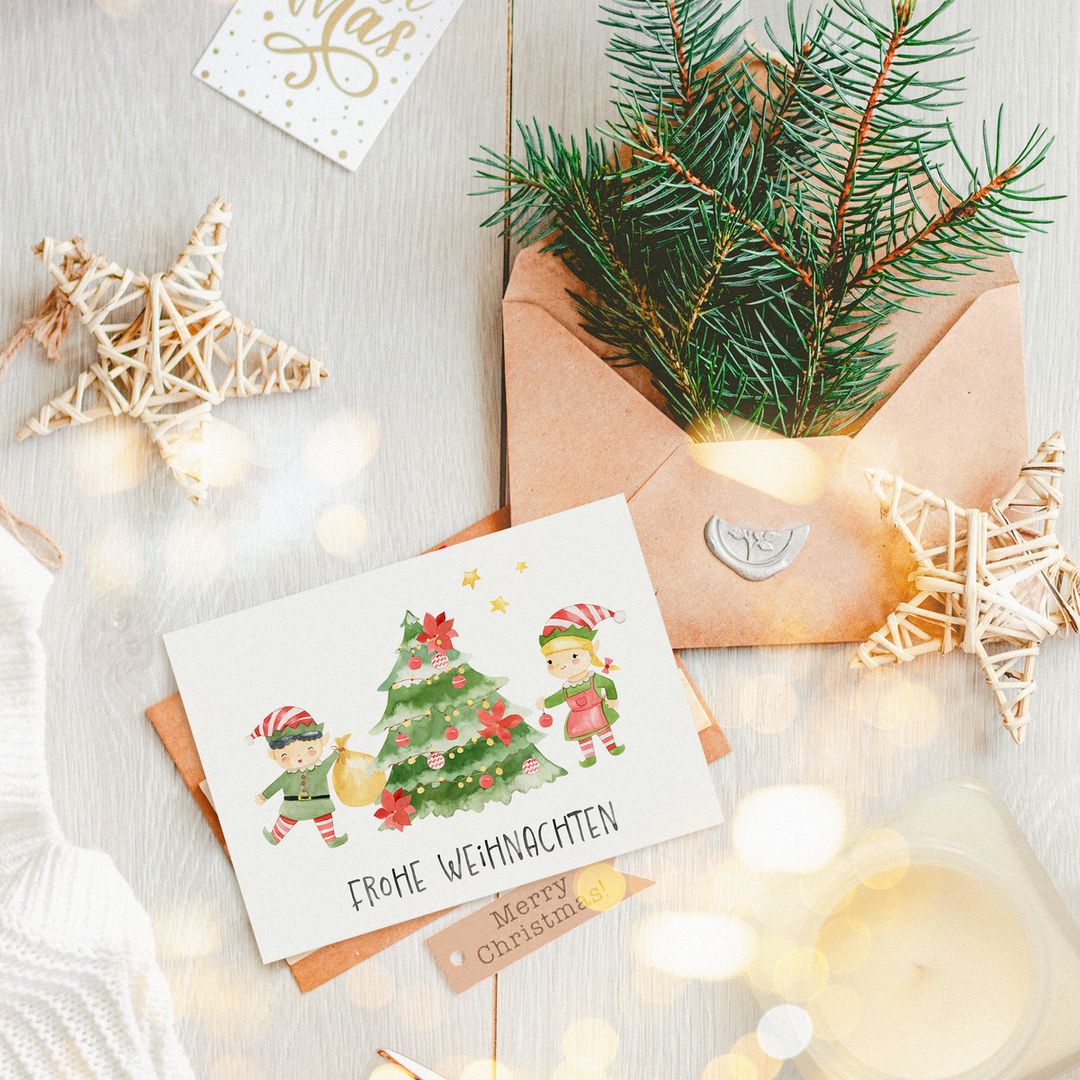 Weihnachtskarte Frohe Weihnachten - Elfen & Weihnachtsbaum