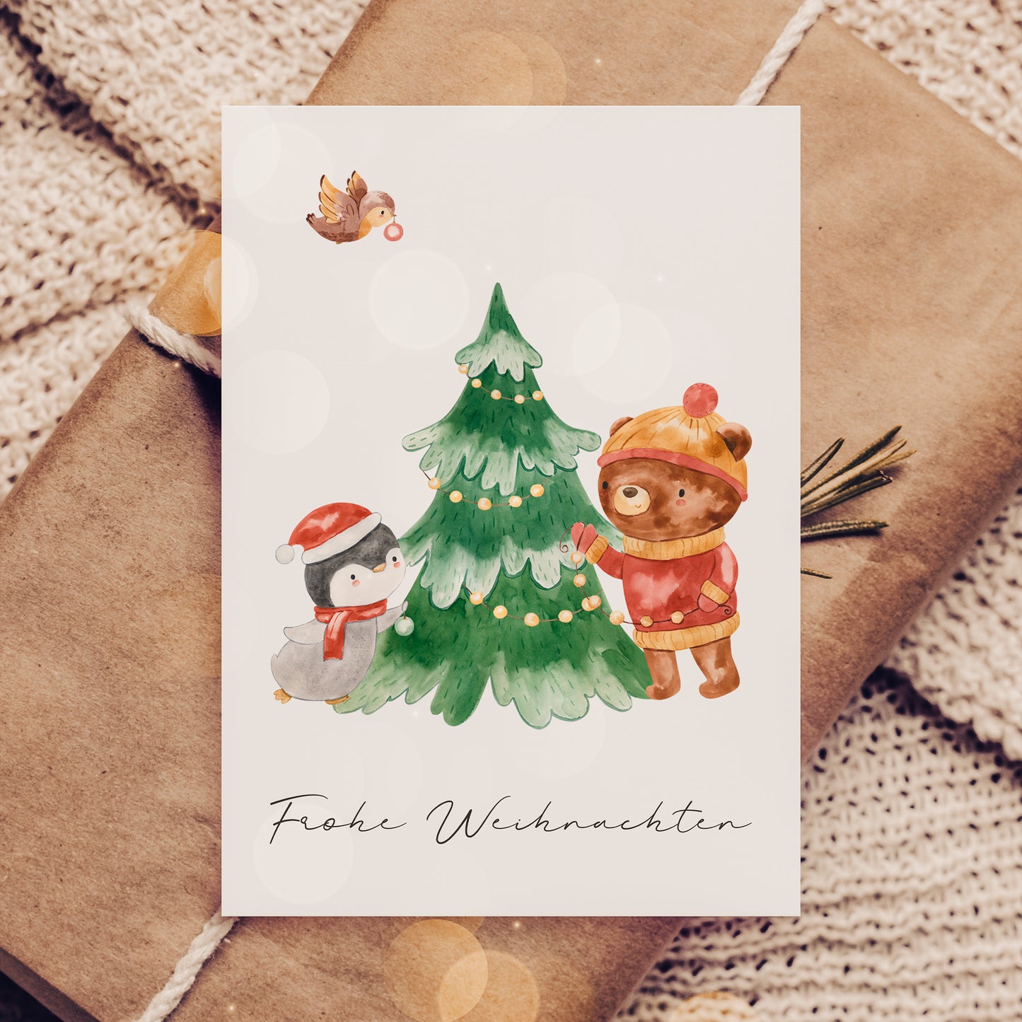 Weihnachtskarte Frohe Weihnachten - Pinguin & Bär