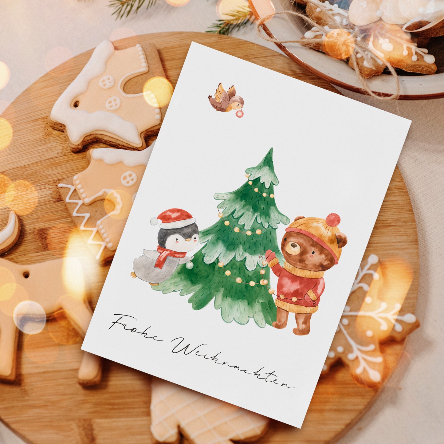 Weihnachtskarte Frohe Weihnachten - Pinguin & Bär