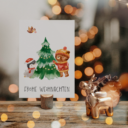 Weihnachtskarte Frohe Weihnachten - Pinguin & Bär