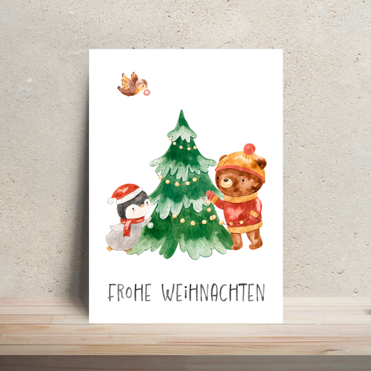Weihnachtskarte Frohe Weihnachten - Pinguin & Bär