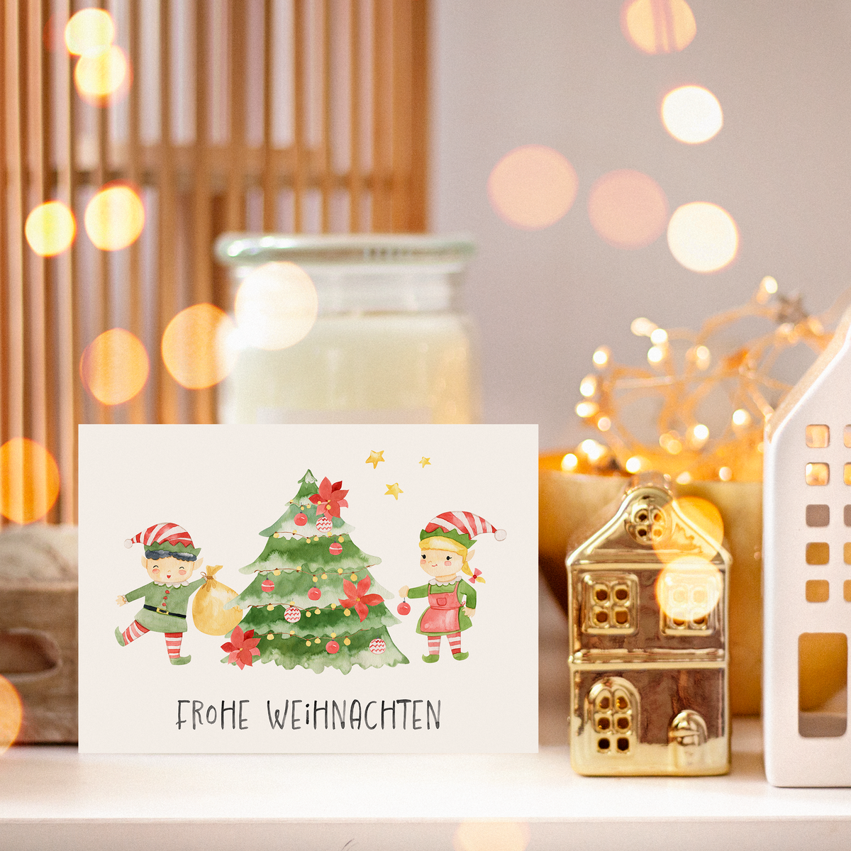 Weihnachtskarte Frohe Weihnachten - Elfen & Weihnachtsbaum