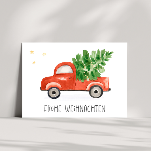 Weihnachtskarte Frohe Weihnachten - Auto & Weihnachtsbaum
