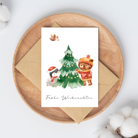 Weihnachtskarte Frohe Weihnachten - Pinguin & Bär