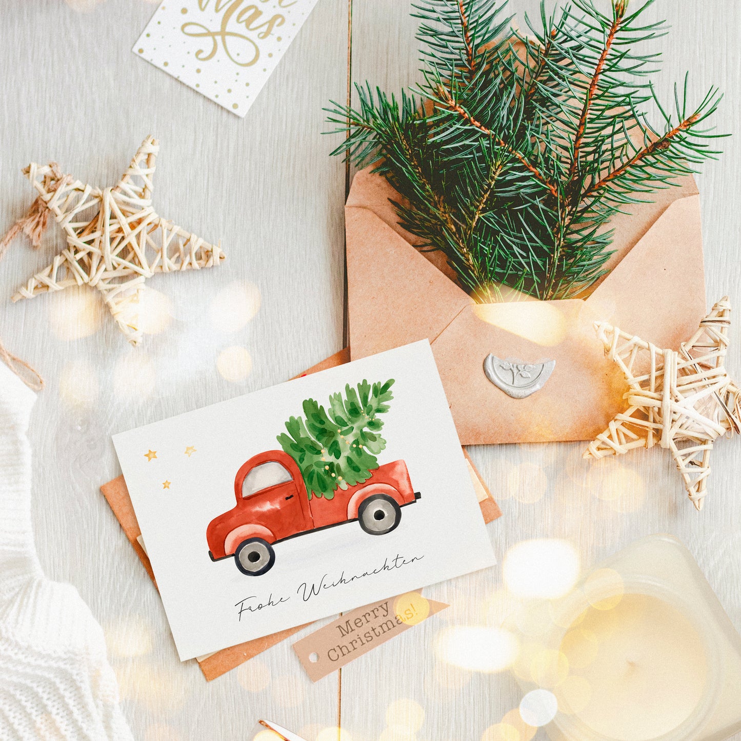 Weihnachtskarte Frohe Weihnachten - Auto & Weihnachtsbaum