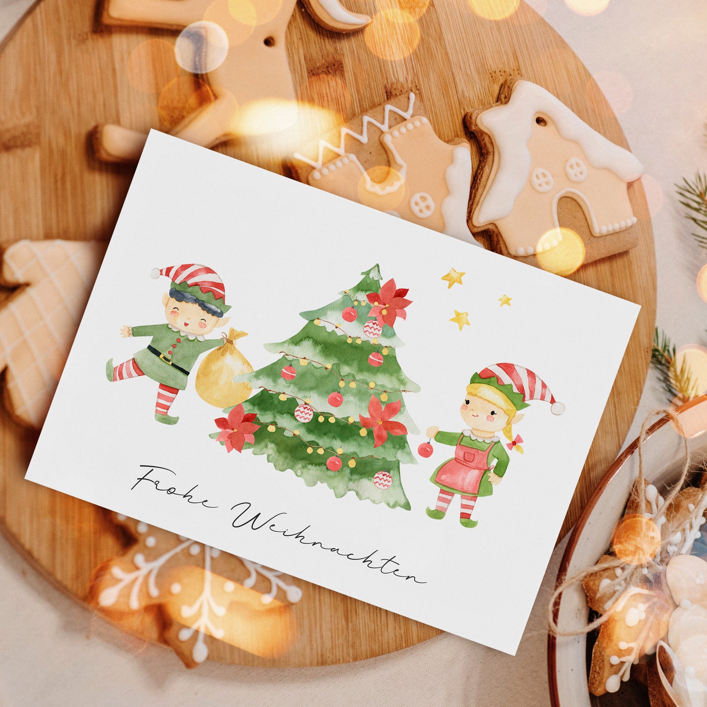 Weihnachtskarte Frohe Weihnachten - Elfen & Weihnachtsbaum