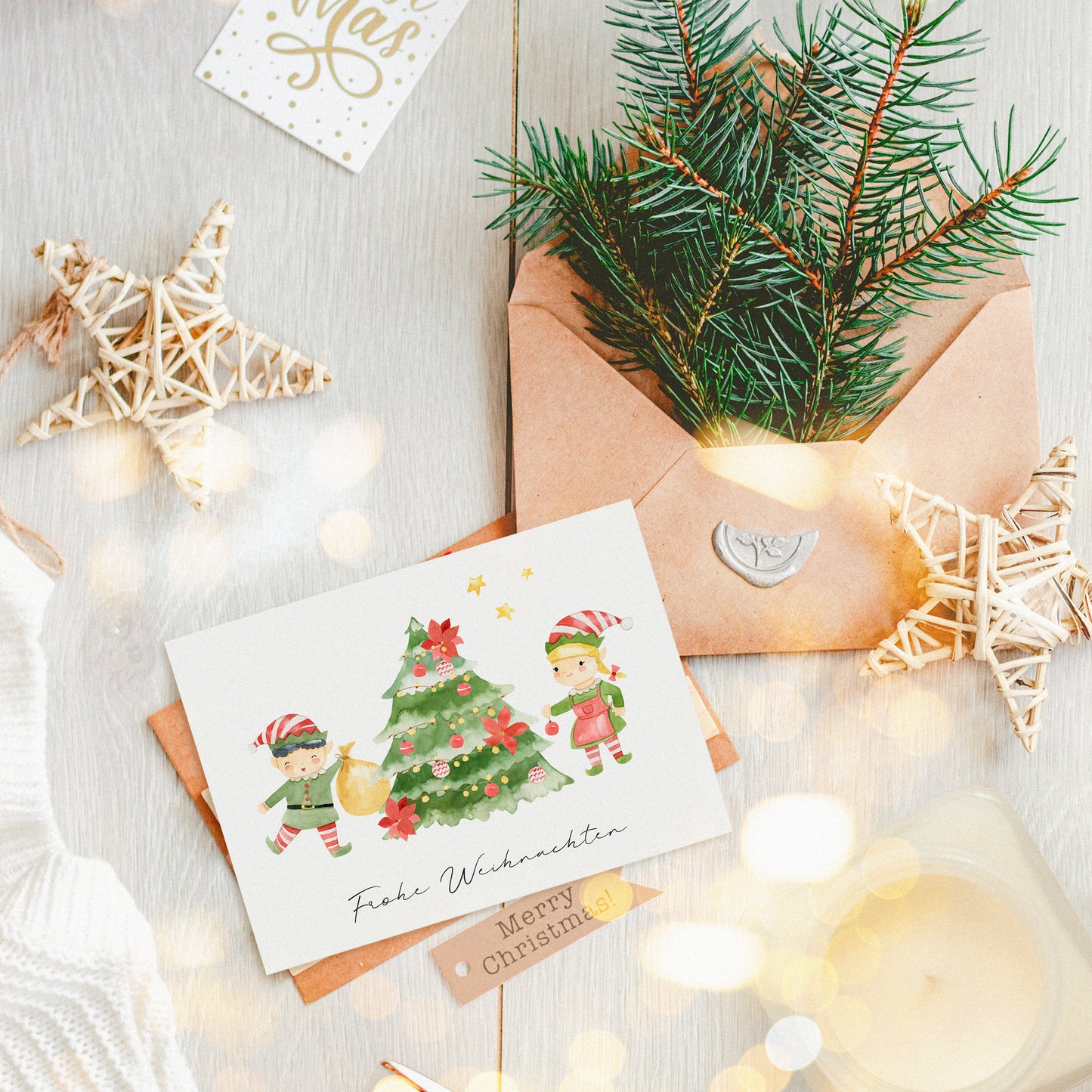 Weihnachtskarte Frohe Weihnachten - Elfen & Weihnachtsbaum