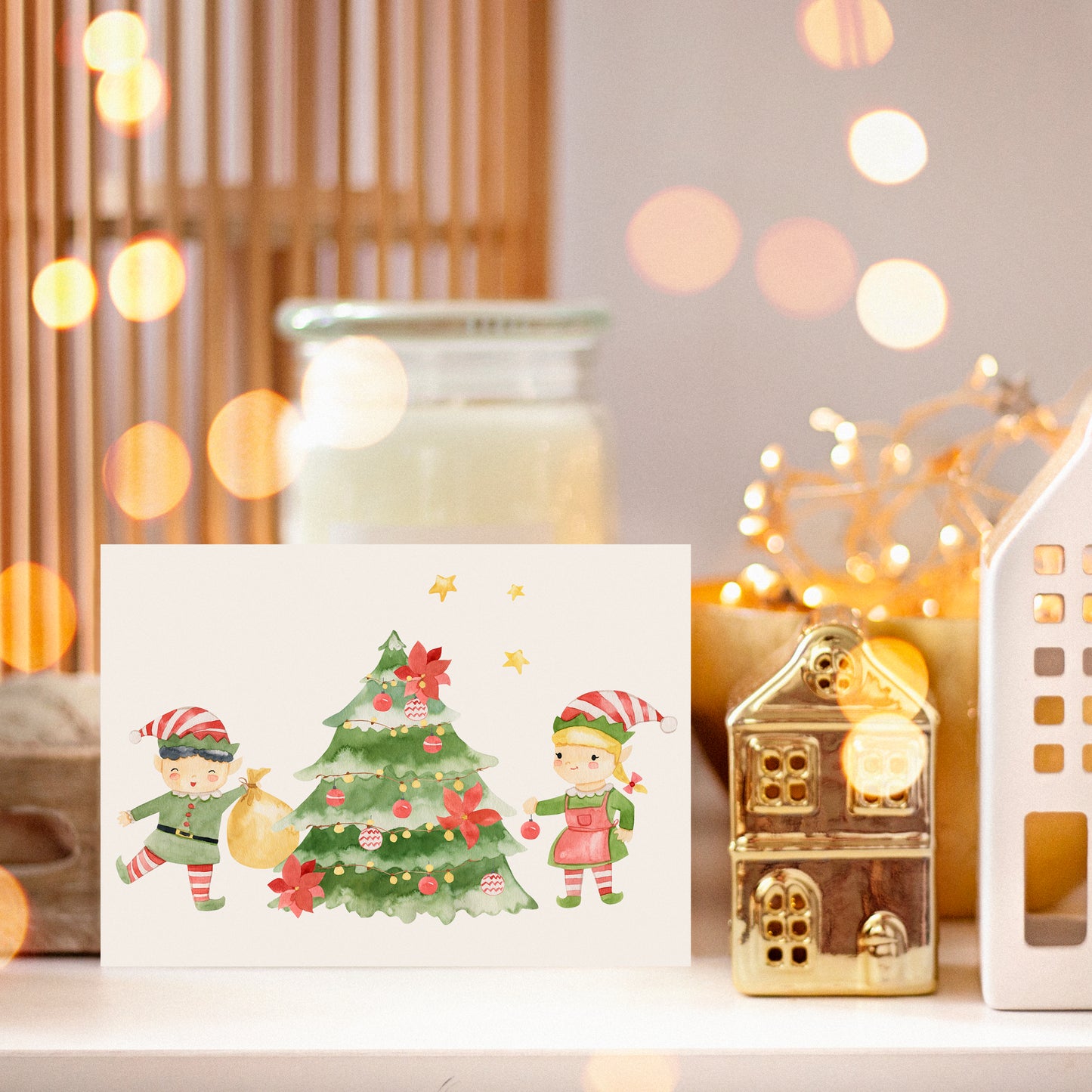 Weihnachtskarte Elfen & Weihnachtsbaum