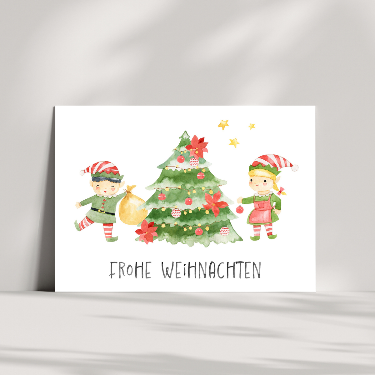 Weihnachtskarte Frohe Weihnachten - Elfen & Weihnachtsbaum