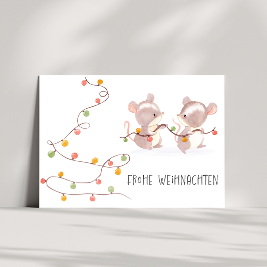 Weihnachtskarte Frohe Weihnachten - Mäuse & Lichterkette