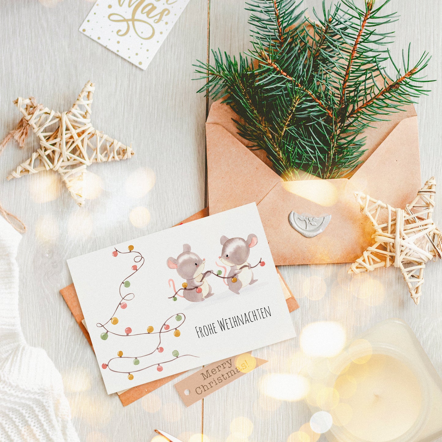 Weihnachtskarte Frohe Weihnachten - Mäuse & Lichterkette