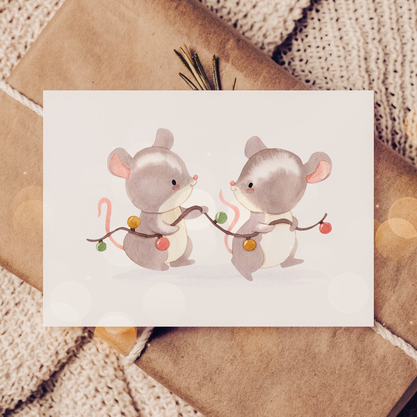 Weihnachtskarte Mäuse & Lichterkette
