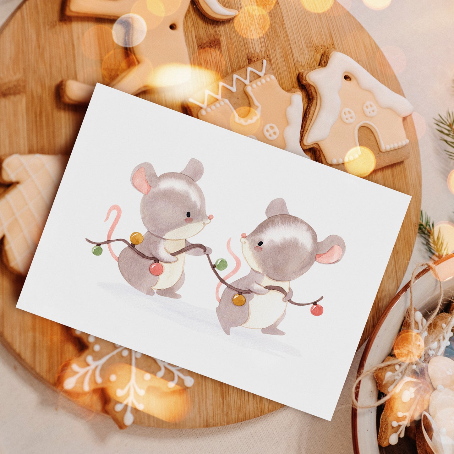 Weihnachtskarte Mäuse & Lichterkette