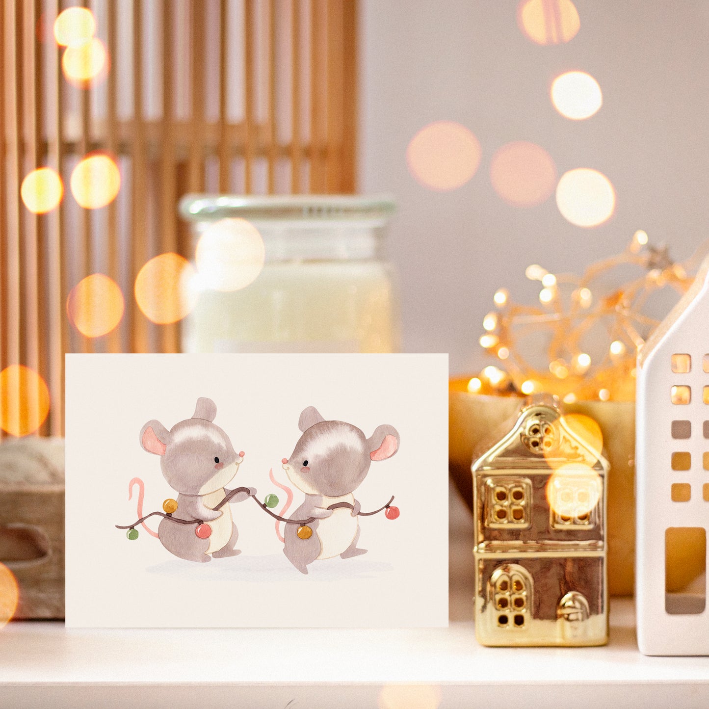 Weihnachtskarte Mäuse & Lichterkette