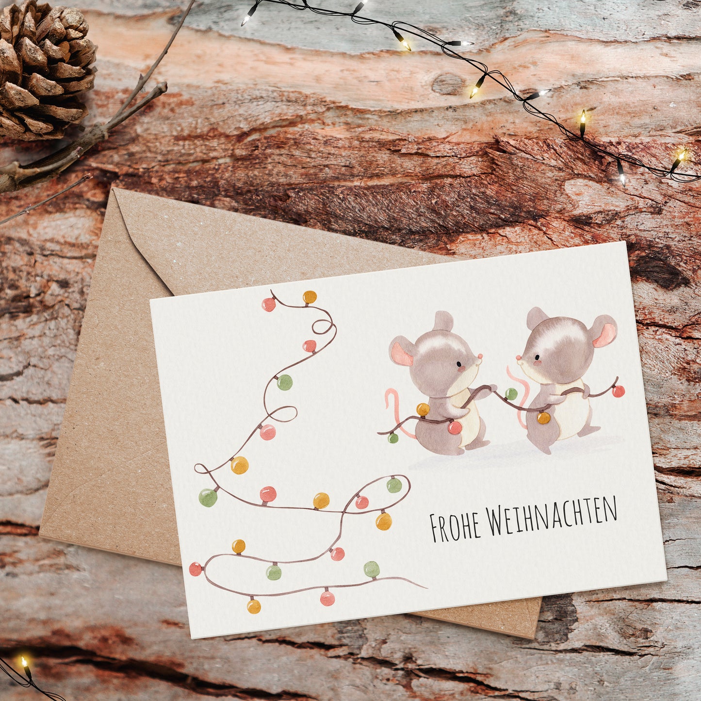 Weihnachtskarte Frohe Weihnachten - Mäuse & Lichterkette