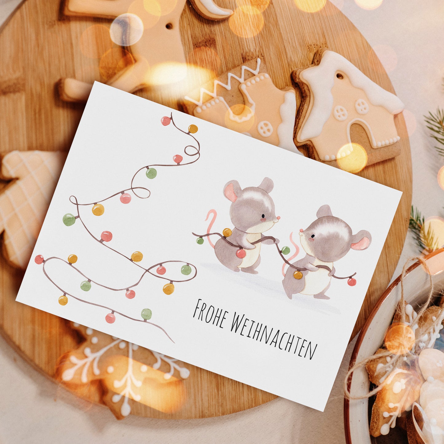 Weihnachtskarte Frohe Weihnachten - Mäuse & Lichterkette