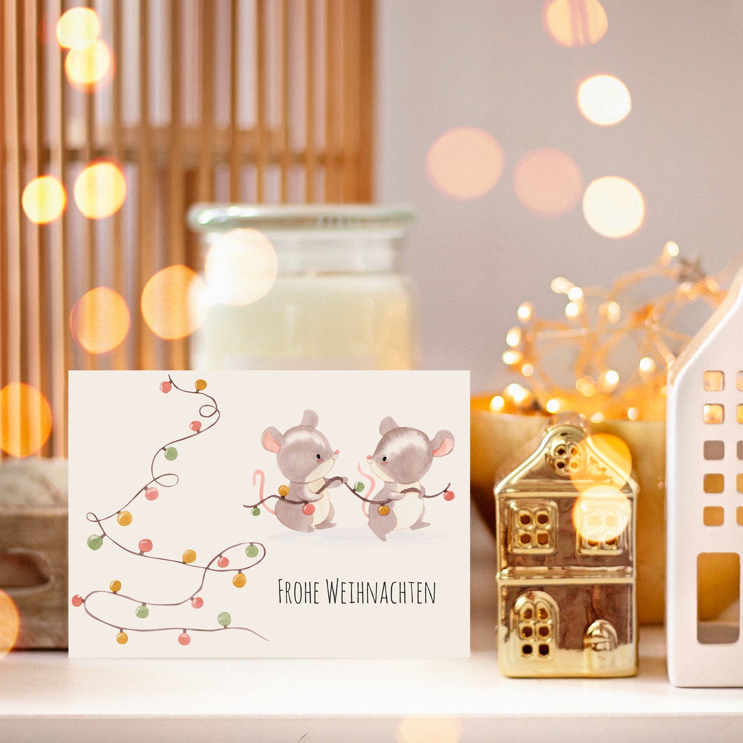 Weihnachtskarte Frohe Weihnachten - Mäuse & Lichterkette