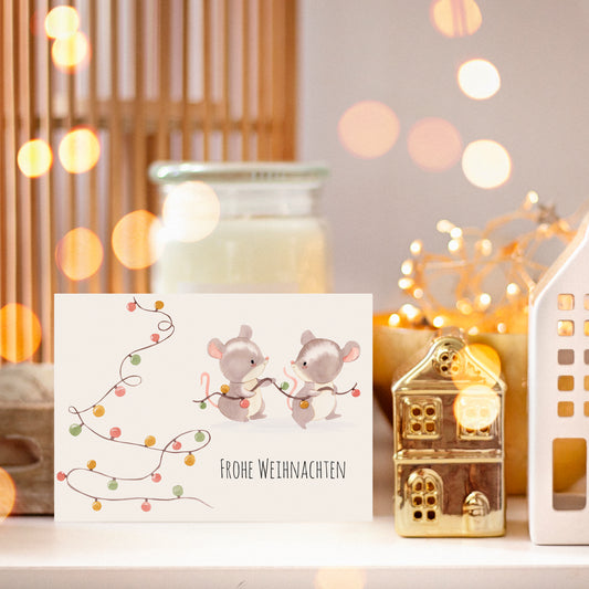 Weihnachtskarte Frohe Weihnachten - Mäuse & Lichterkette
