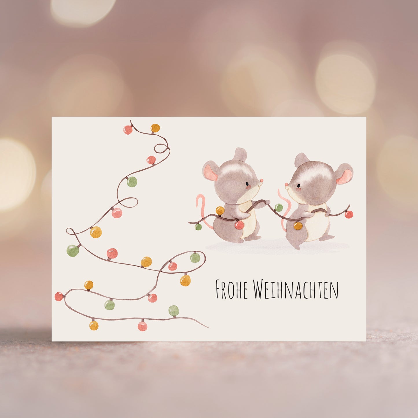 Weihnachtskarte Frohe Weihnachten - Mäuse & Lichterkette