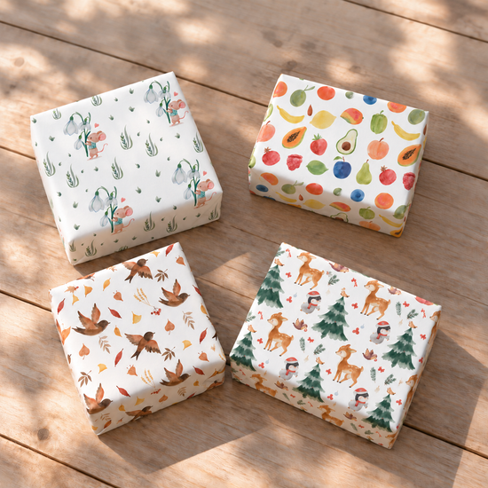 Geschenkpapier zum Ausdrucken mit acht Designs für Frühling, Sommer, Herbst und Weihnachten