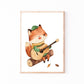 Posterset Camping Fuchs und Igel A4 & A3: Aquarell eines Fuchses, der Gitarre spielt, ideal für Kinderzimmerdekoration. Hochwertiges, mattes Naturpapier.