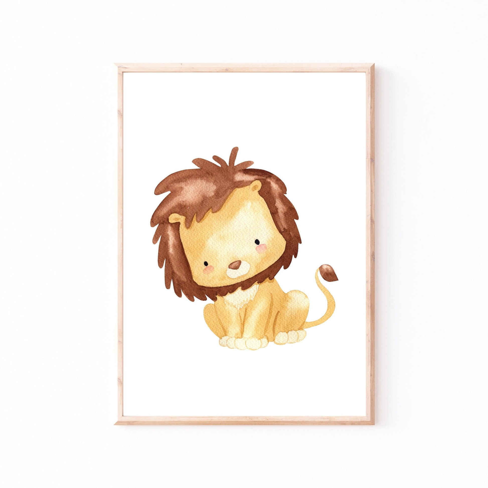 Posterset Safari: Aquarell-Löwenillustration, Teil eines 6-teiligen Sets mit Elefant, Zebra, Affe, Flusspferd, Giraffe, ideal für Kinderzimmer-Dekor in A3 oder A4.
