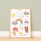 Poster Wetter A4 & A3 Lernposter: Ein Kinderzimmerposter mit handgemalten Illustrationen von Wetter-Symbolen wie Sonne, Wolken, Regenbogen und Tieren. Ideal zum spielerischen Lernen.