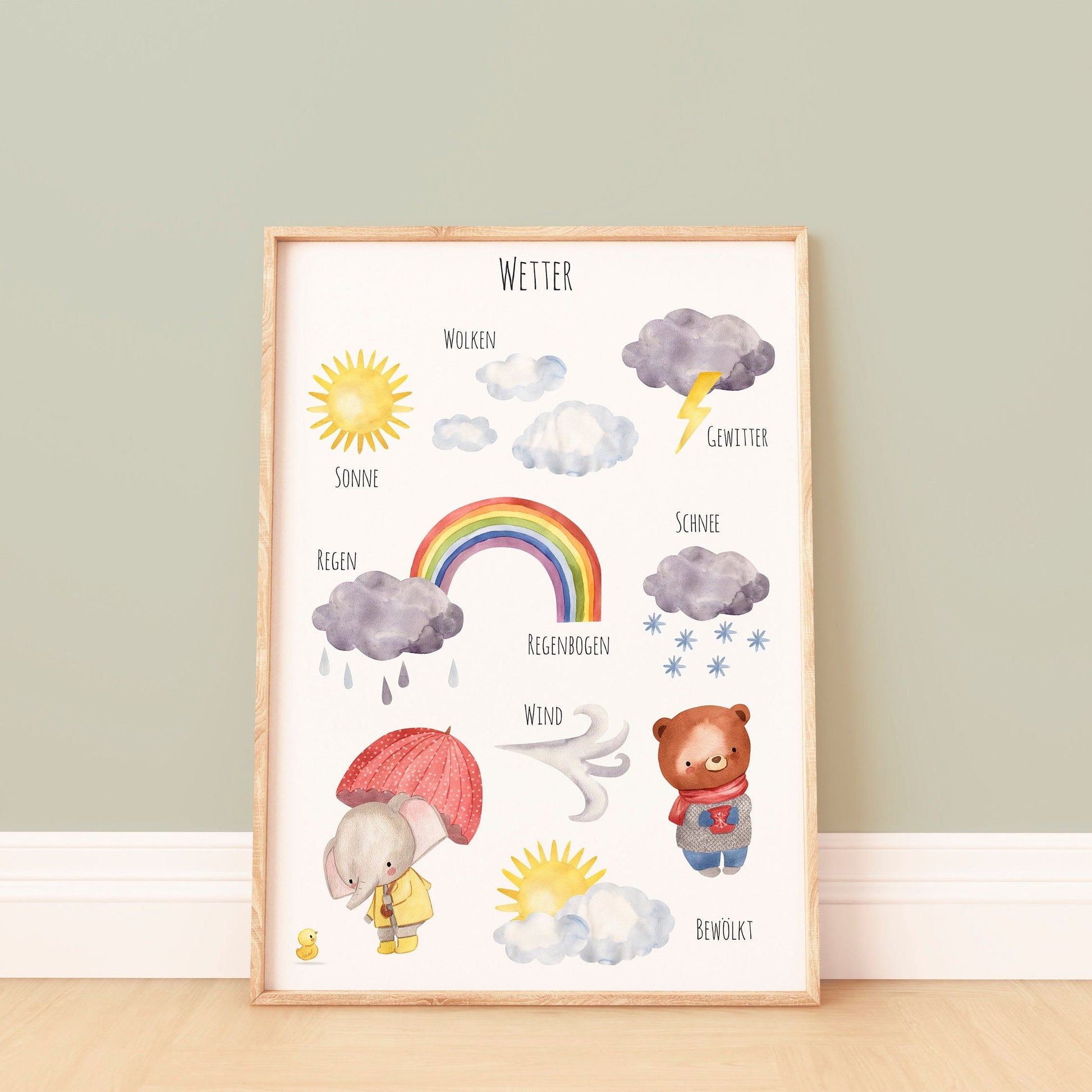 Poster Wetter A4 & A3 Lernposter: Ein Kinderzimmerposter mit handgemalten Illustrationen von Wetter-Symbolen wie Sonne, Wolken, Regenbogen und Tieren. Ideal zum spielerischen Lernen.