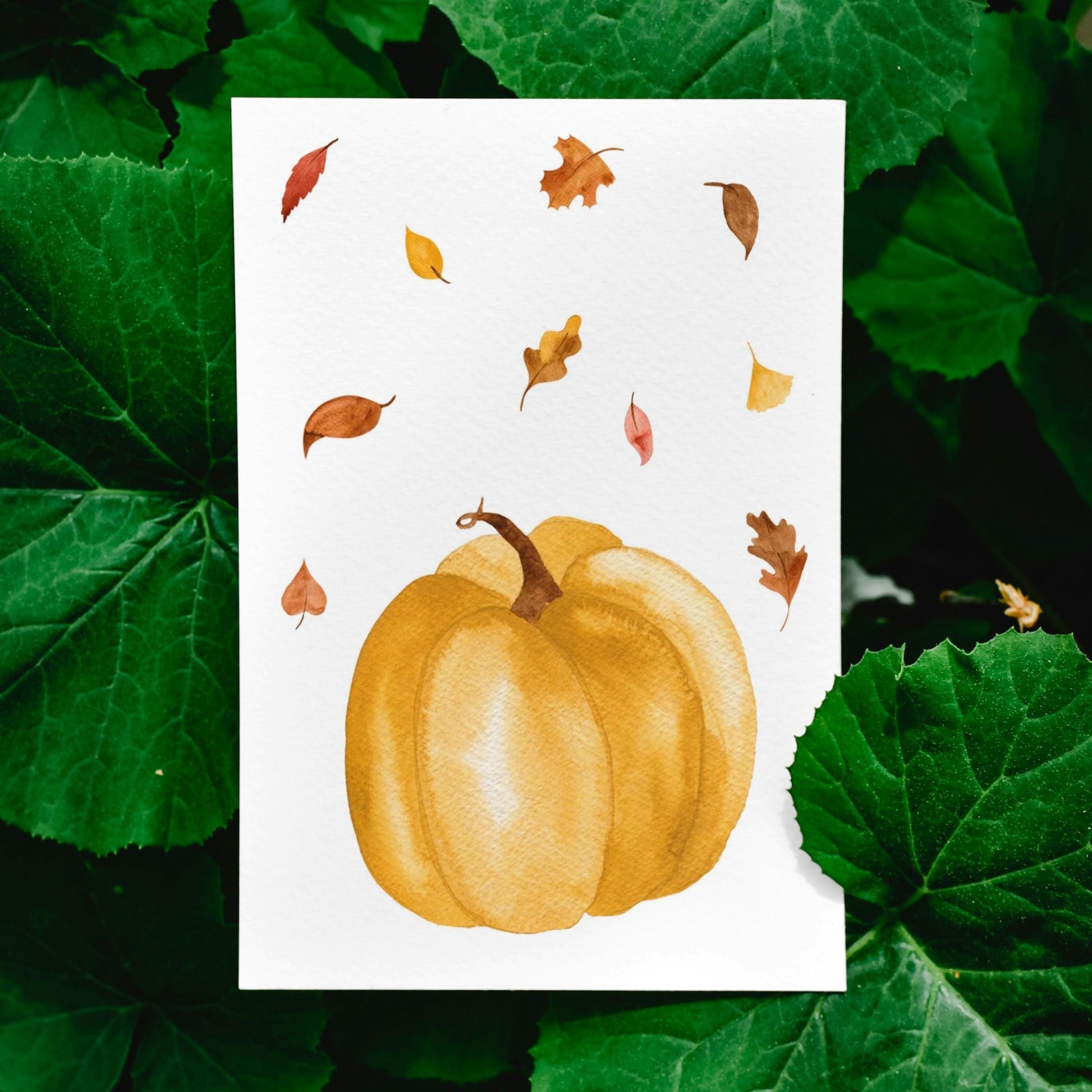 Postkarte mit Aquarell-Kürbis und Herbstlaub auf weißem Hintergrund, A6 Größe, gedruckt auf 300g mattem Naturpapier.