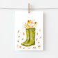 Postkarte Karte Herbstblumen A6 mit grünen Gummistiefeln voller Herbstblumen an einer Schnur aufgehängt, gedruckt auf hochwertigem, mattem Naturpapier.
