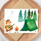 Karte Fuchs & Camping A6: Fuchs mit Gitarre vor einem Zelt, gedruckt auf hochwertigem, stabilem 300g Naturpapier.