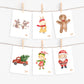 Adventskarten mit Zahlen und Illustrationen A7, zeigen weihnachtliche Szenen wie Weihnachtsmann, Lebkuchenmann, roter Truck mit Baum, Hase und Mädchen im Elf-Outfit, auf hochwertigem Naturpapier gedruckt.