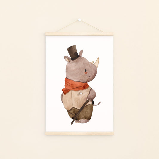 Poster Nashorn Vintage A3 & A4: fantasievolles Aquarell von einem Nashorn mit Zylinder, ideal für Kinderzimmerdekoration, gedruckt auf hochwertigem, mattem Naturpapier.
