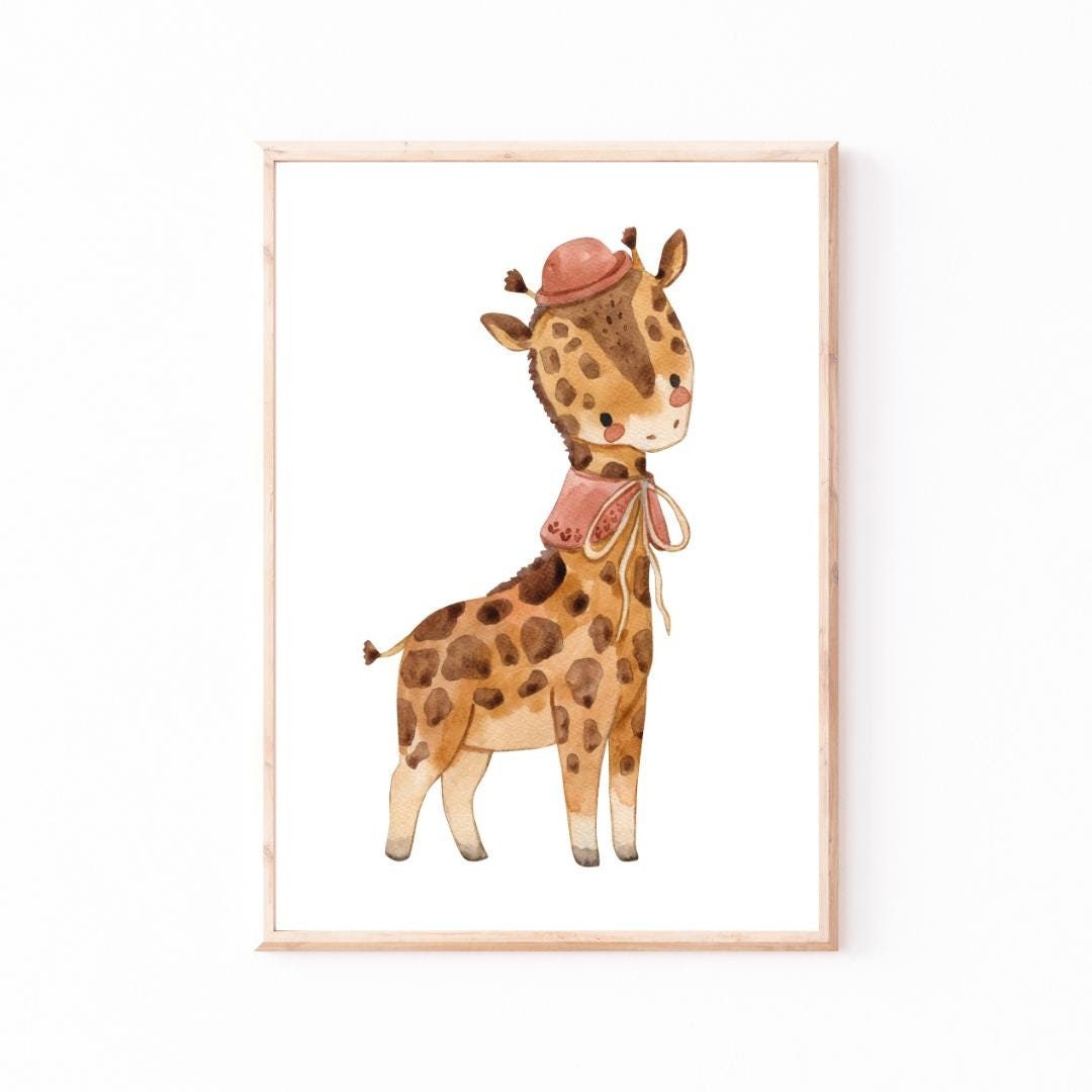 Poster Giraffe Vintage A3 & A4: fantasievolle Giraffe mit Hut und Schal in einem Holzrahmen, ideal als Kinderzimmerdeko oder Geschenk.