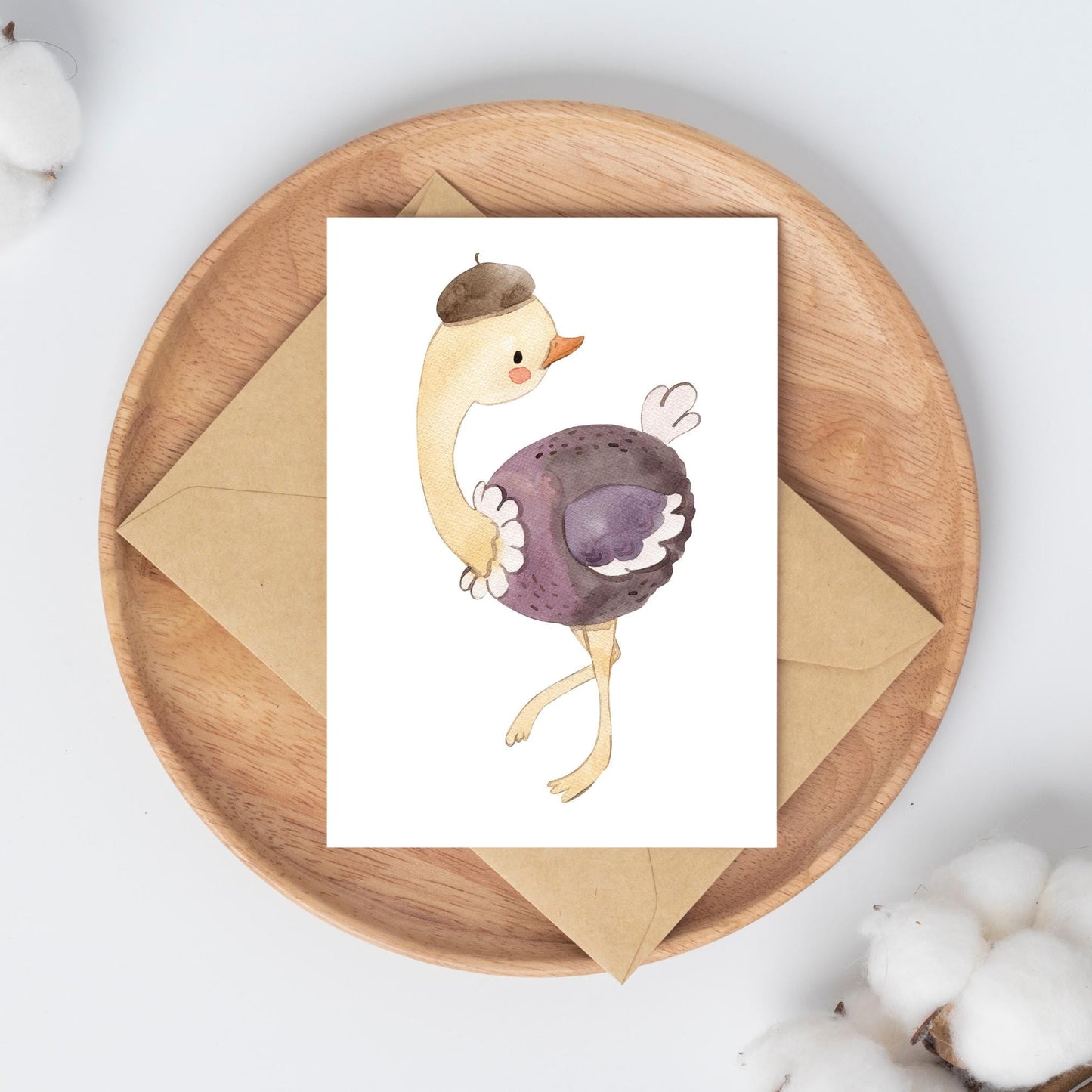 Karte Strauß Vintage A6 mit handgezeichnetem Vogelmotiv, ideal für Glückwünsche, gedruckt auf hochwertigem, stabilem Naturpapier. Perfekt als Grußkarte oder Geschenk.