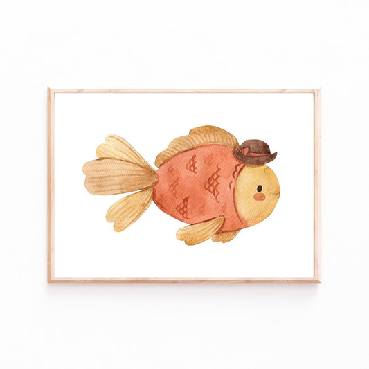 Poster Fisch Vintage A3 & A4: handgemaltes Aquarell-Fisch mit Hut, ideal als Kinderzimmerdeko auf hochwertigem 300g Naturpapier.