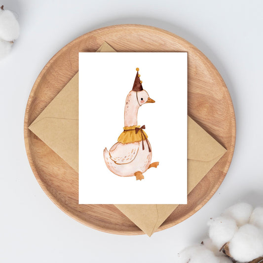Karte Gans Vintage A6 zeigt eine handgefertigte Karte mit einem Aquarell einer Gans im Hut. Ideal als Gruß- oder Glückwunschkarte.