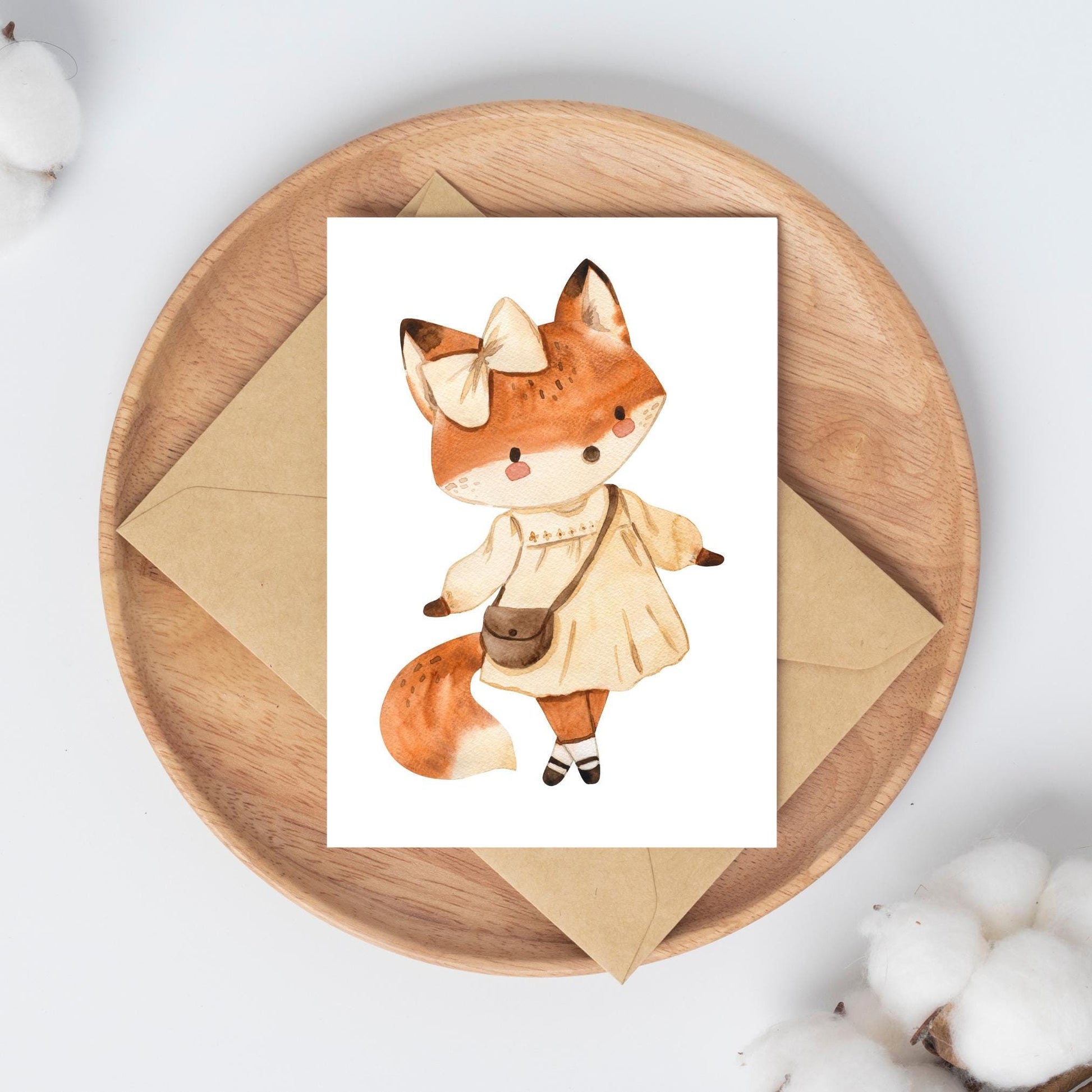 Karte Füchsin Vintage A6: Handgefertigte Karte mit Aquarell einer Füchsin im Vintage-Stil auf hochwertigem Naturpapier, perfekt als Glückwunsch- oder Grußkarte.