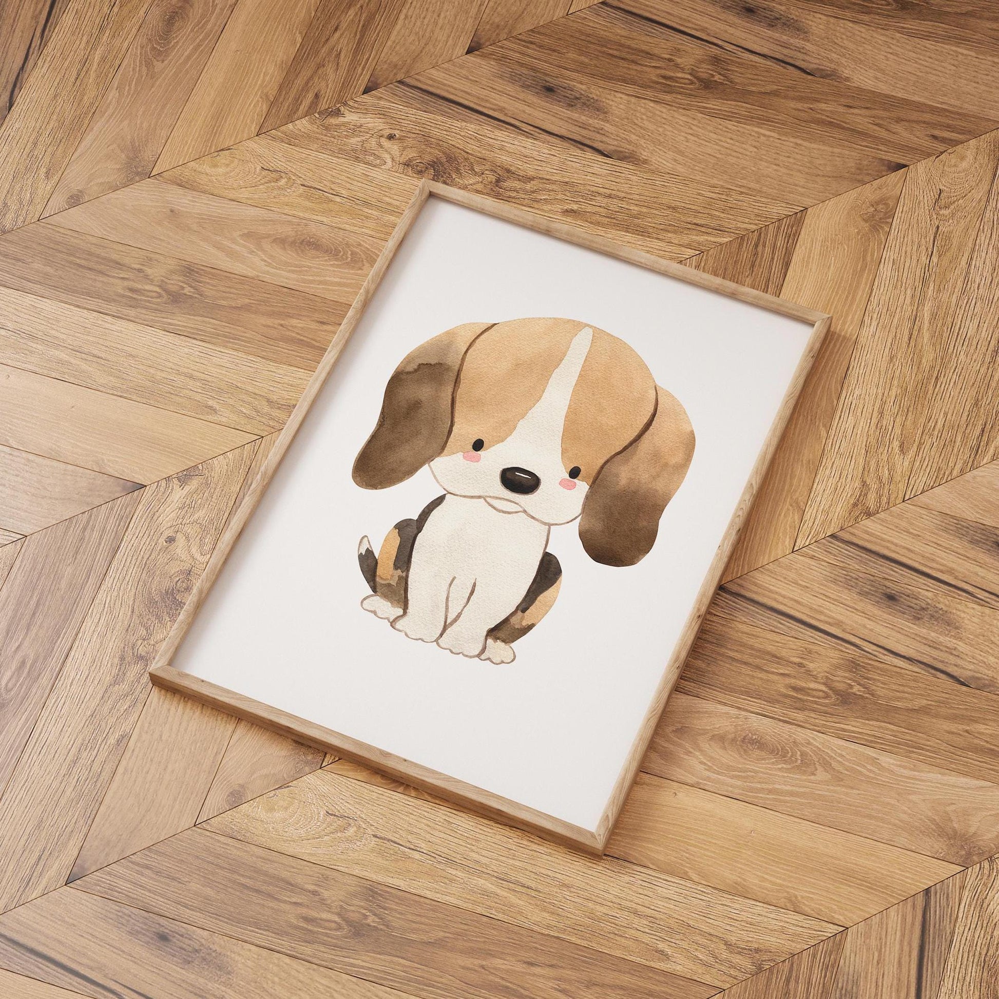 Poster Hund Beagle A3 & A4: Detailreiche Illustration eines Hundes auf Holzfußboden, ideal für Kinderzimmer. Gedruckt auf hochwertigem, mattem 300g Naturpapier.