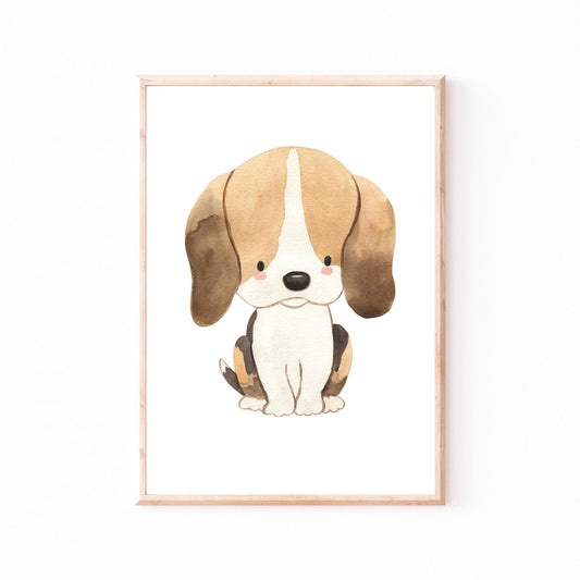 Poster Hund Beagle A3 & A4: Detaillierte Aquarellillustration eines Hundes, ideal für Kinderzimmer, gedruckt auf hochwertigem 300g Naturpapier, erhältlich in den Größen A4 und A3.