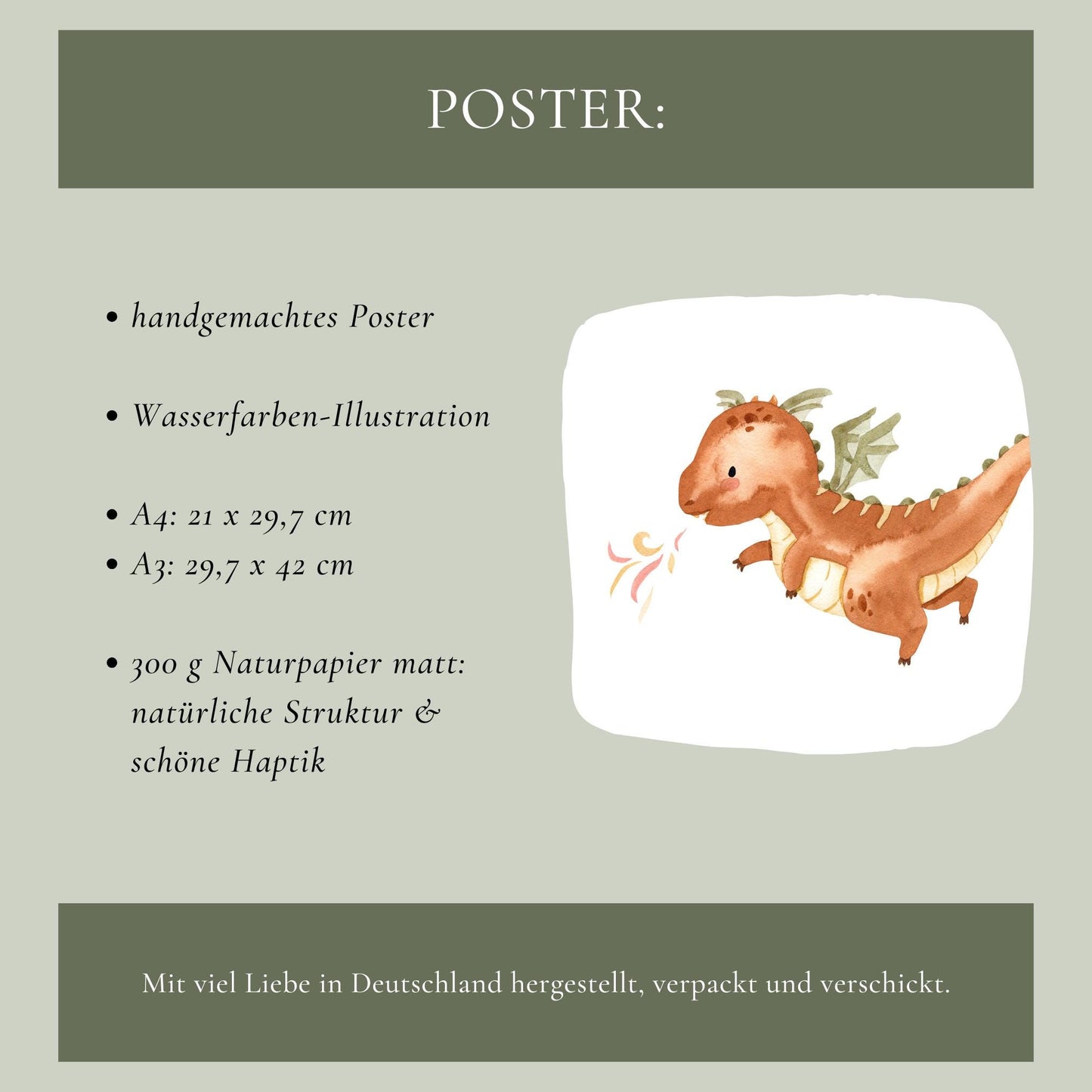 Handgemachtes Poster Feuerdrache in Aquarell, zeigt einen orange-braunen Drachen mit bunten Flammen. Erhältlich in A3 und A4 auf 300 g/m² Naturpapier.