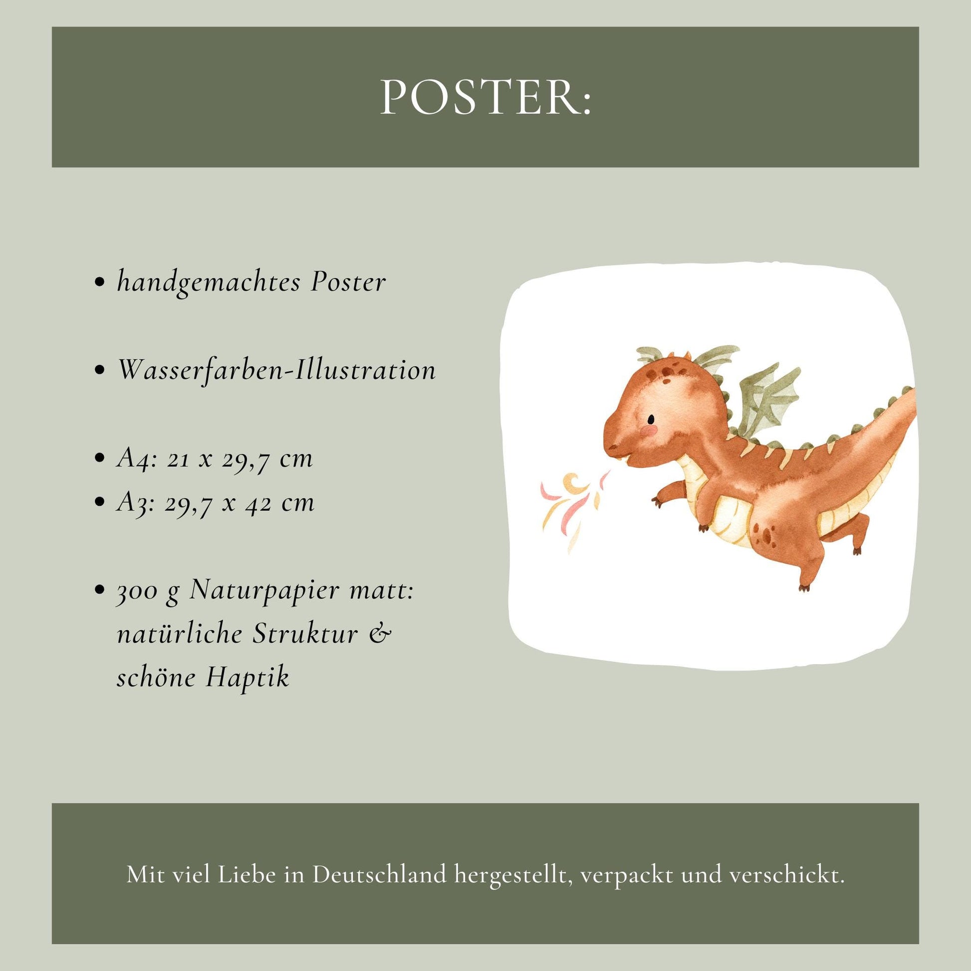 Handgemachtes Poster Feuerdrache in Aquarell, zeigt einen orange-braunen Drachen mit bunten Flammen. Erhältlich in A3 und A4 auf 300 g/m² Naturpapier.
