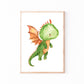 Poster Baby-Feuerdrache fliegt:  niedlicher fantasievoller Babydrache in Aquarell. Ideal für Kinderzimmerdekoration, erhältlich in Größen A3 und A4.