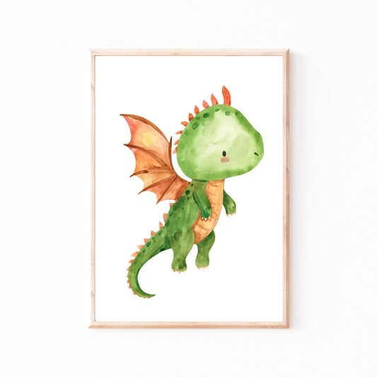 Poster Baby-Feuerdrache fliegt:  niedlicher fantasievoller Babydrache in Aquarell. Ideal für Kinderzimmerdekoration, erhältlich in Größen A3 und A4.