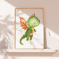 Poster Baby-Feuerdrache fliegt A3 & A4: süßer Aquarell-Drache, perfekt als Kinderzimmerdeko. Hochwertig auf 300g Naturpapier gedruckt, ideal für kleine Träumer. Gerahmt auf Regal.