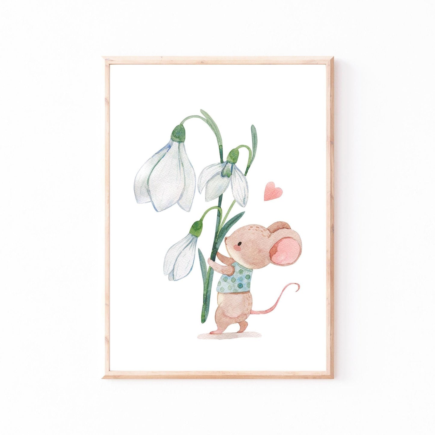 Poster Kinderzimmer Maus & Blume: Zeichnung einer Maus, die eine Blume hält. Ideal als Kinderzimmerdekoration und Geschenk zur Geburt.