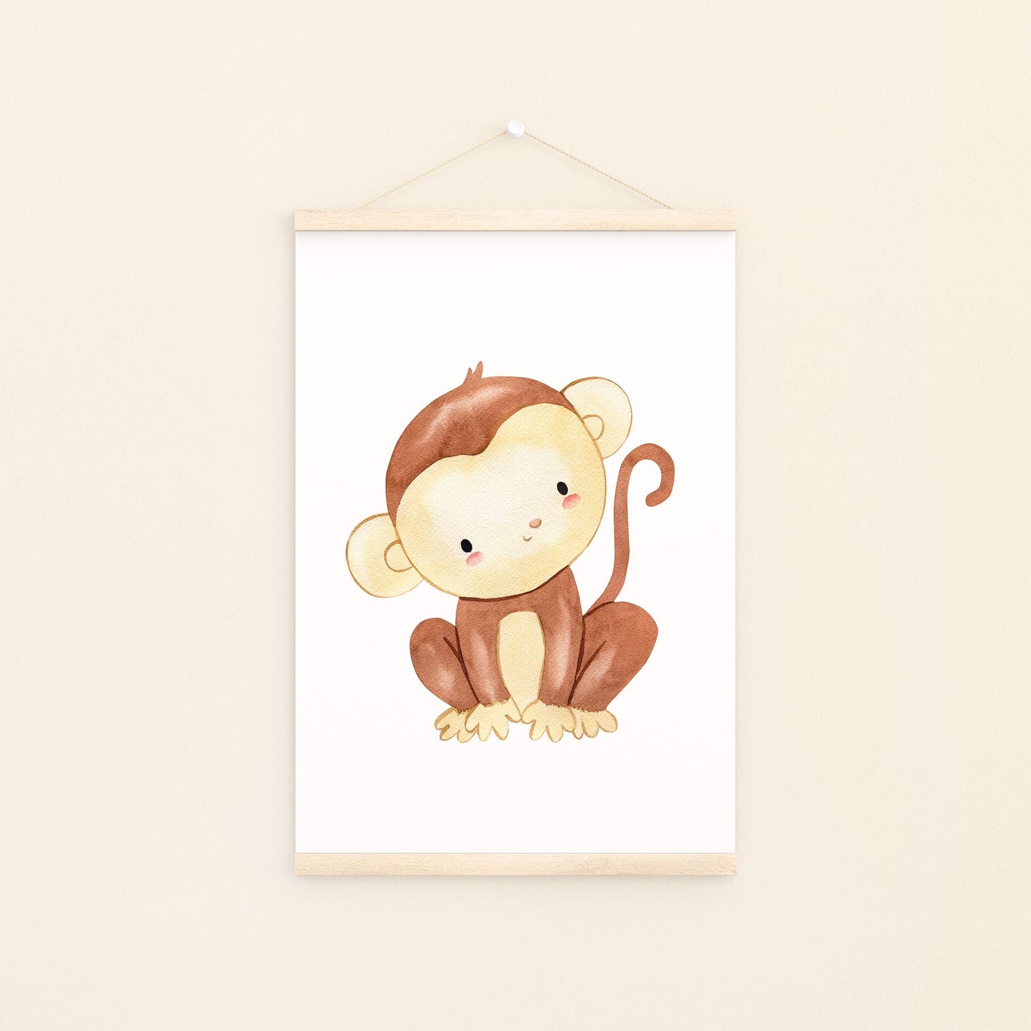 Poster Affe A3 & A4: Aquarell eines süßen Affen, perfekt für Kinderzimmerdekoration oder als Geschenk. Hochwertiger Druck auf mattem 300g Naturpapier.