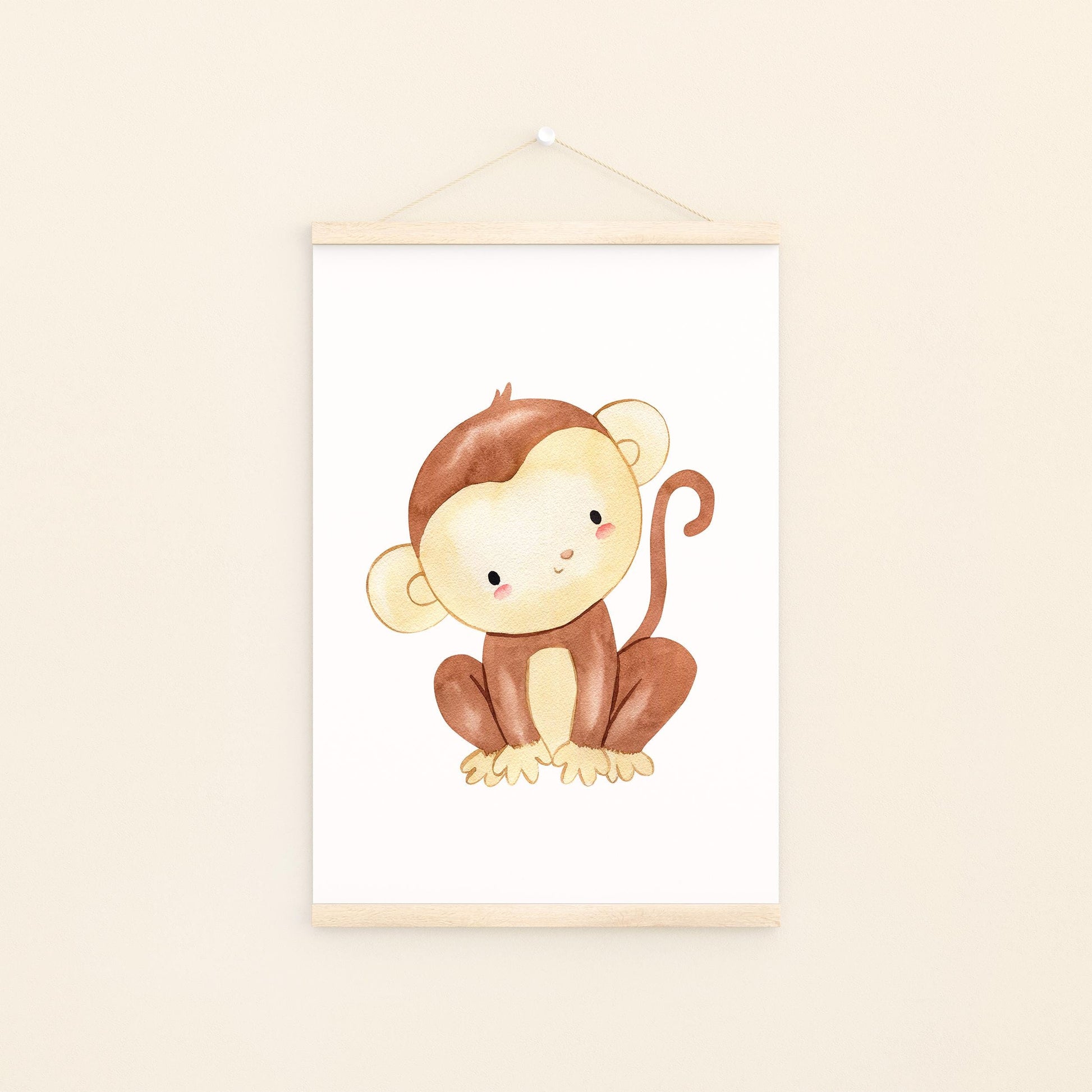 Poster Affe A3 & A4: Aquarell eines süßen Affen, perfekt für Kinderzimmerdekoration oder als Geschenk. Hochwertiger Druck auf mattem 300g Naturpapier.